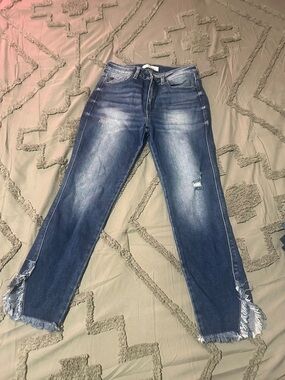 KanCan Blue Straight Leg Jeans with Frayed Hem
